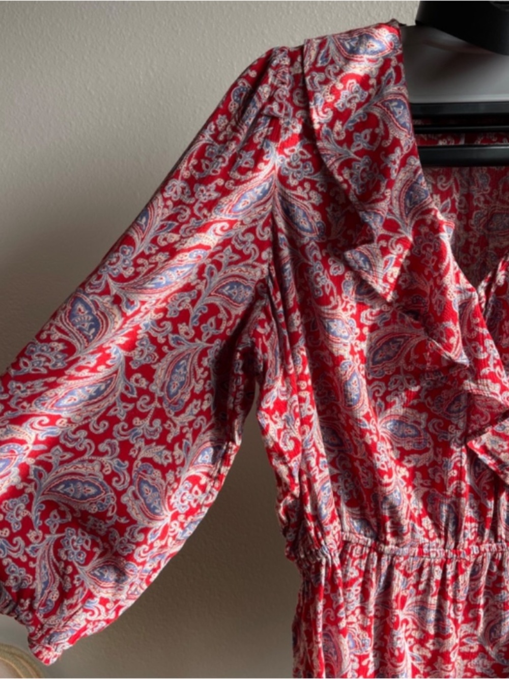 Chaps Boho Paisley Ruffle Neck Peasant Blouse Red Blue Gauze Top - Picture 8 of 9